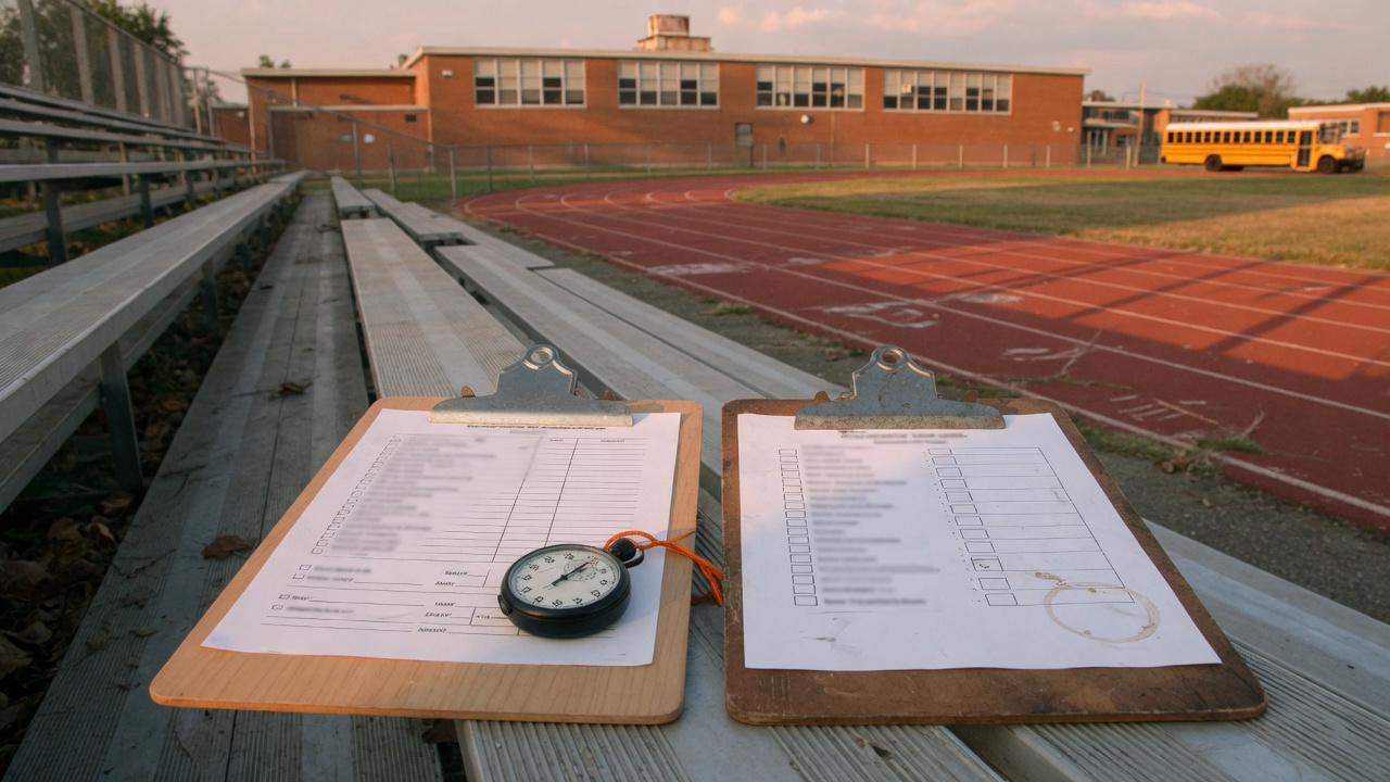Clipboards on empty school bleachers beside a running track